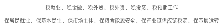 稳就业、稳金融、稳外贸、稳外资、稳投资、稳预期工作 保居民就业、保基本民生、保市场主体、保粮食能源安全、保产业链供应链稳定、保基层运转
